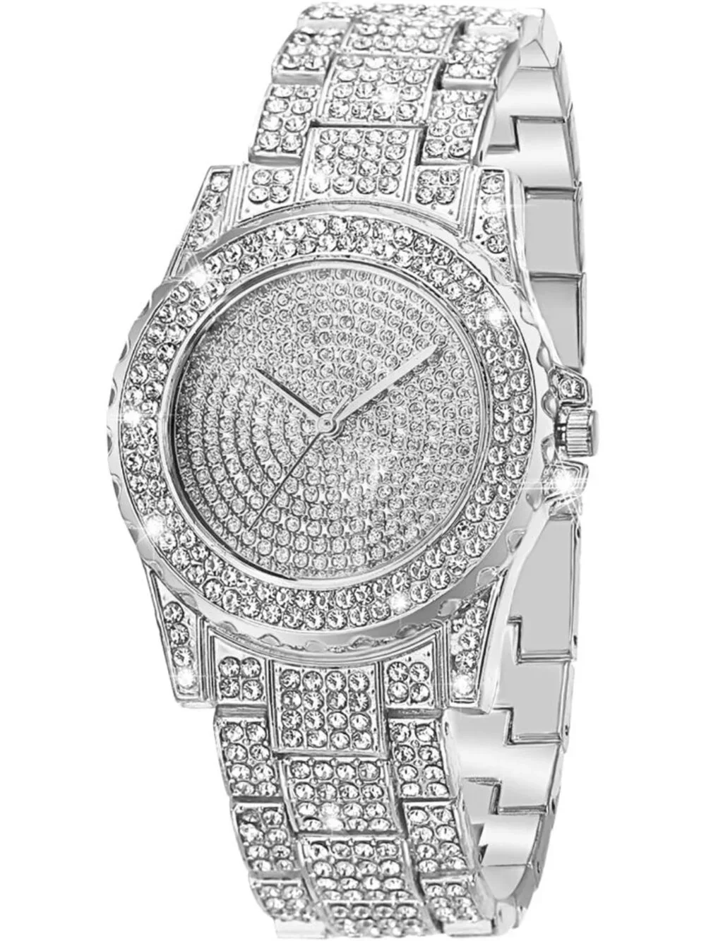 Women's Silver Diamond Stainless Steel Quartz Luxury Bling Fashion Crystal Watch